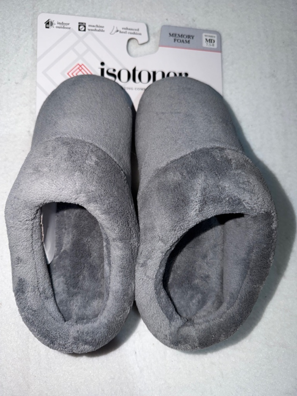 isotoner Plush Gray Memory Foam Slip-On Slippers
